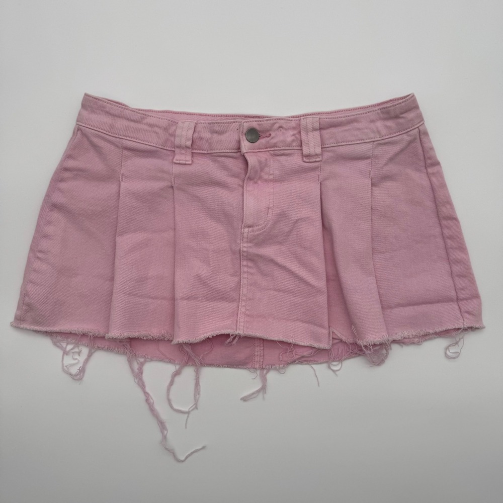 Fashion Nova Pink Pleated Denim Mini‎ Skirt Raw Hem Womens Large Y2K